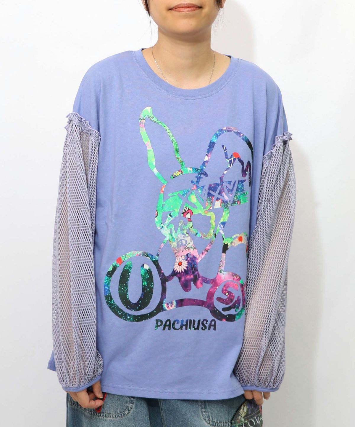 パチうさプリント メッシュ袖Tシャツ-16