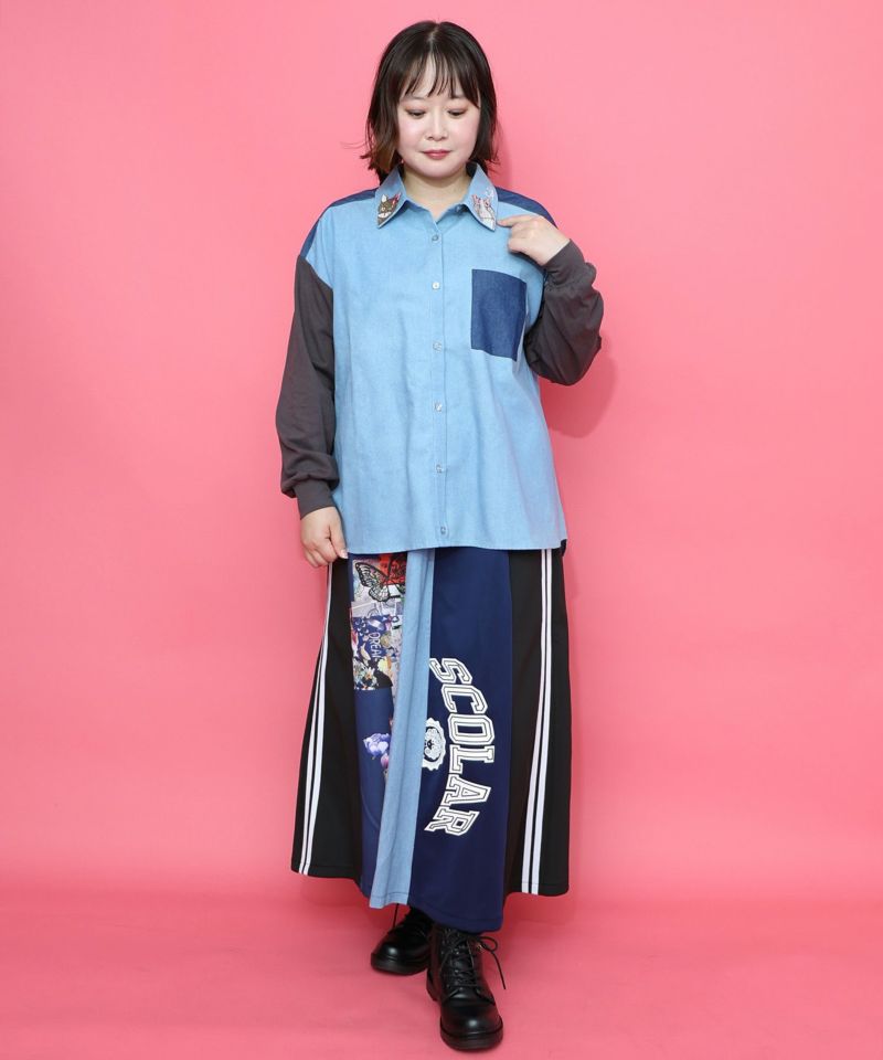 ネコ刺繍襟シャンブレーシャツ-2