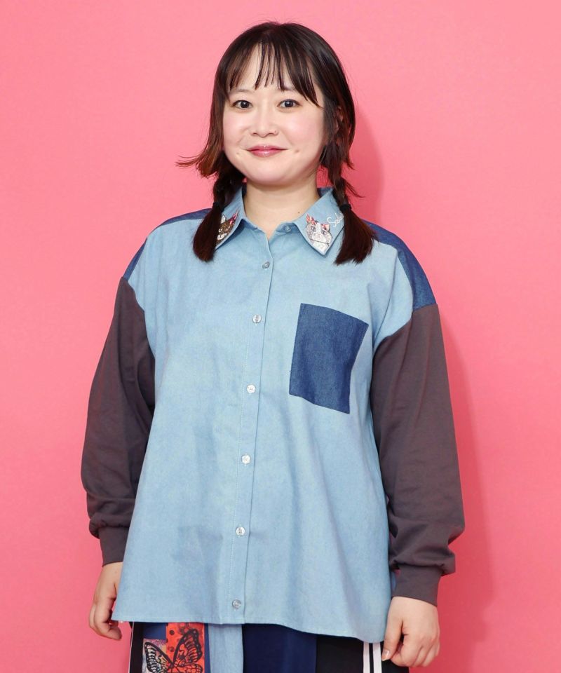ネコ刺繍襟シャンブレーシャツ-3