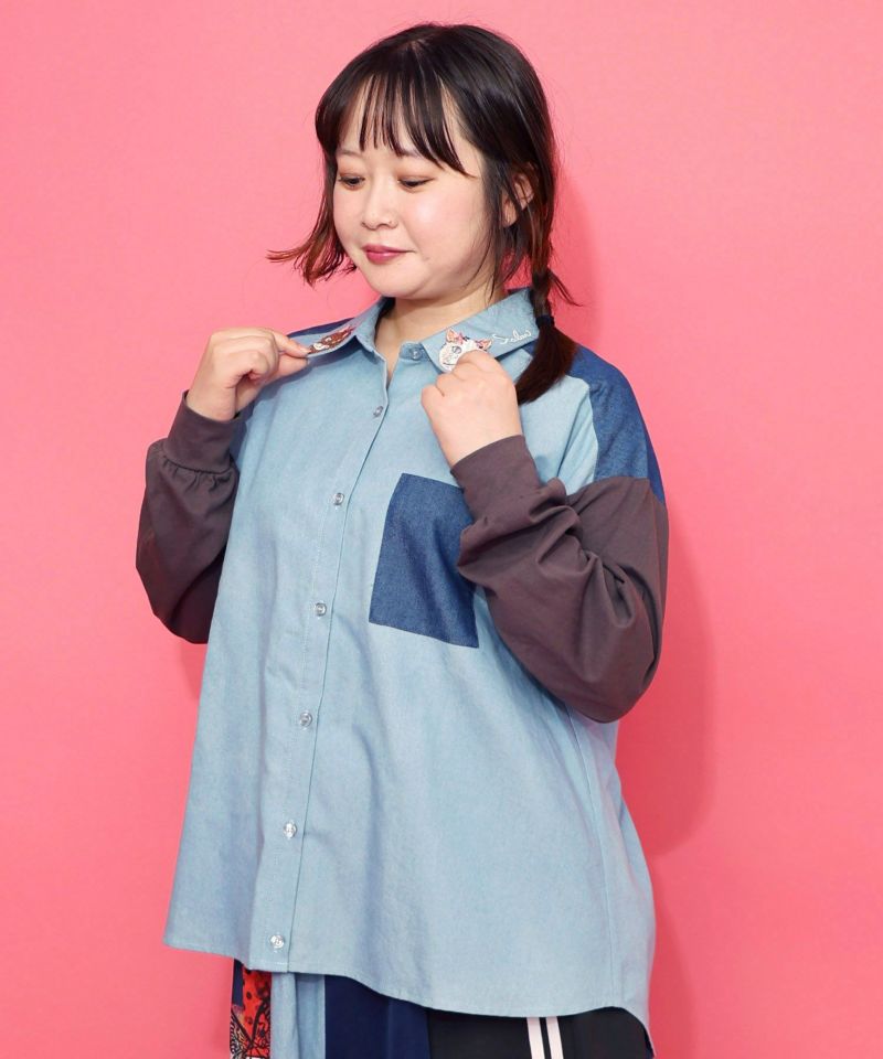 ネコ刺繍襟シャンブレーシャツ-4