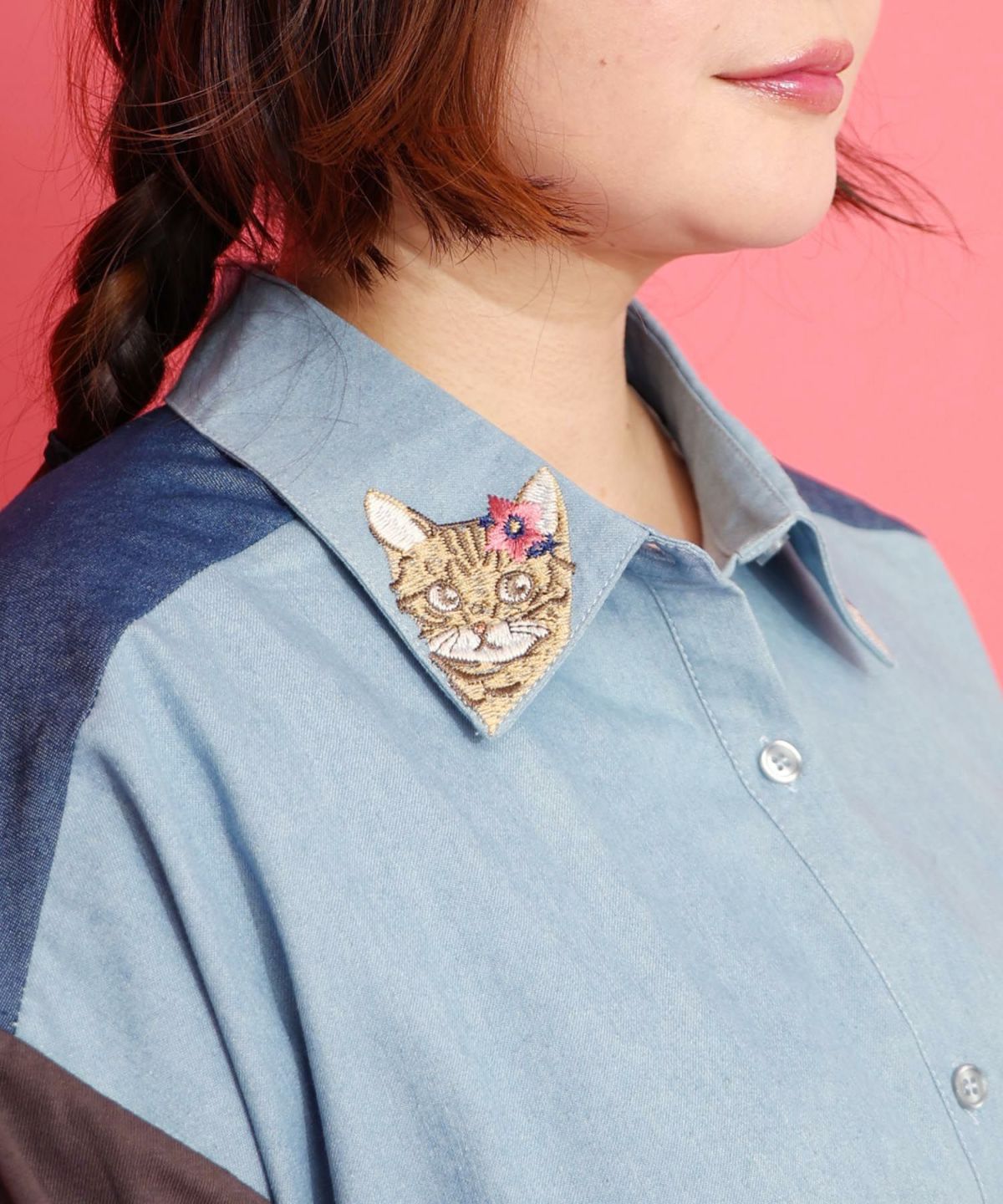 ネコ刺繍襟シャンブレーシャツ-7