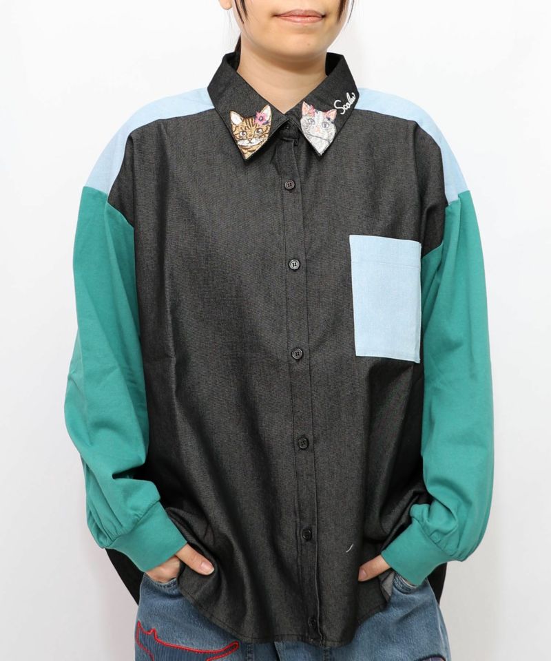 スカラー ScoLar シャンブレーorツイル ネコ 蝶 シャツ 新品 未使用 スカラー ScoLar ネコ×蝶柄Tシャツ （ブラック） -ファッション