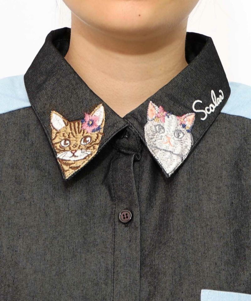 ネコ刺繍襟シャンブレーシャツ-11