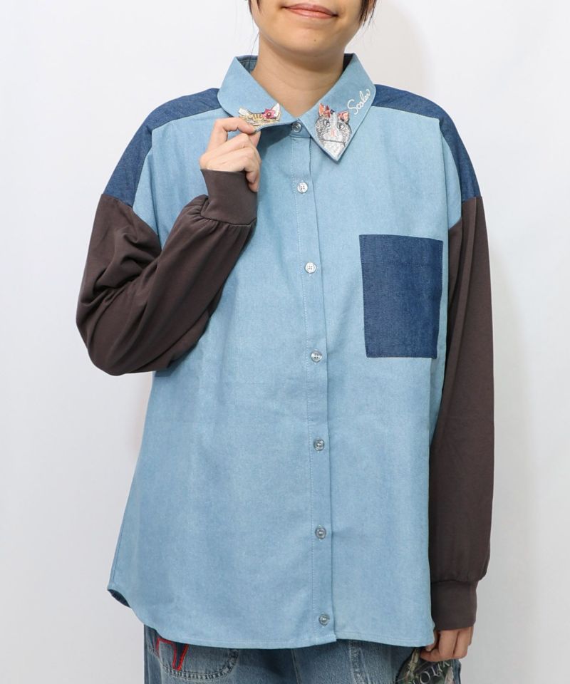 ネコ刺繍襟シャンブレーシャツ-12