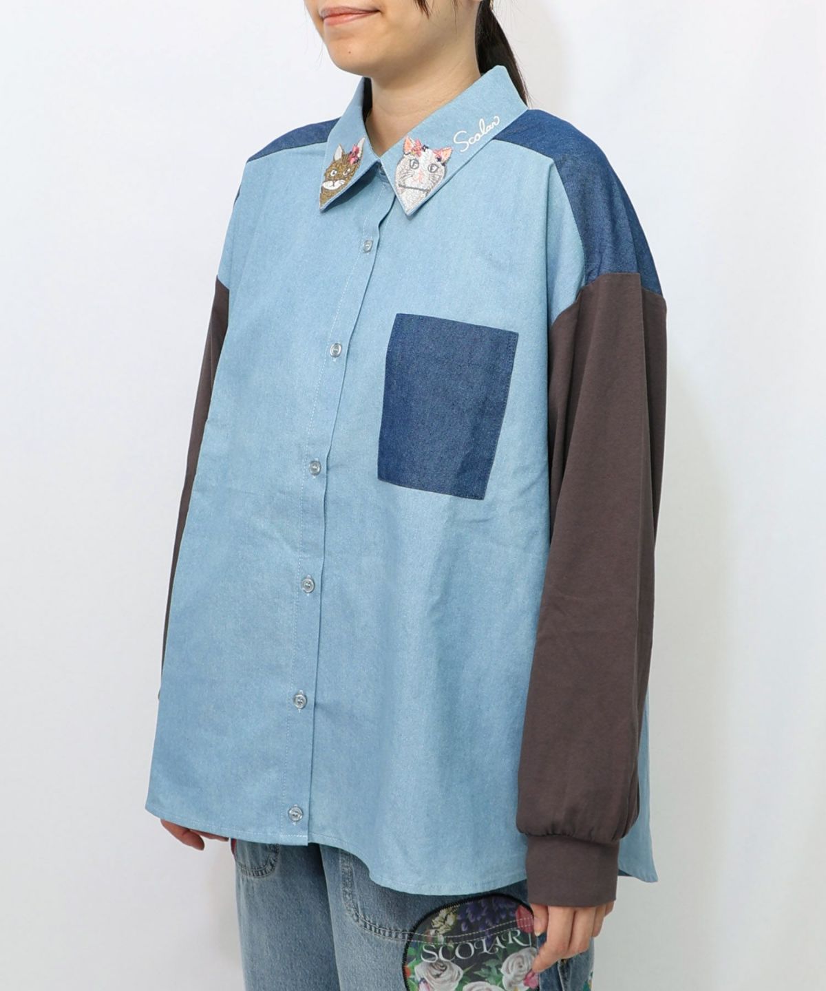 ネコ刺繍襟シャンブレーシャツ-13
