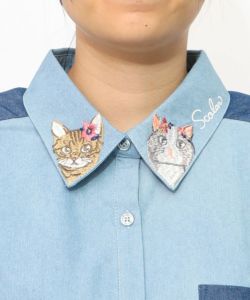 ネコ刺繍襟シャンブレーシャツ-15