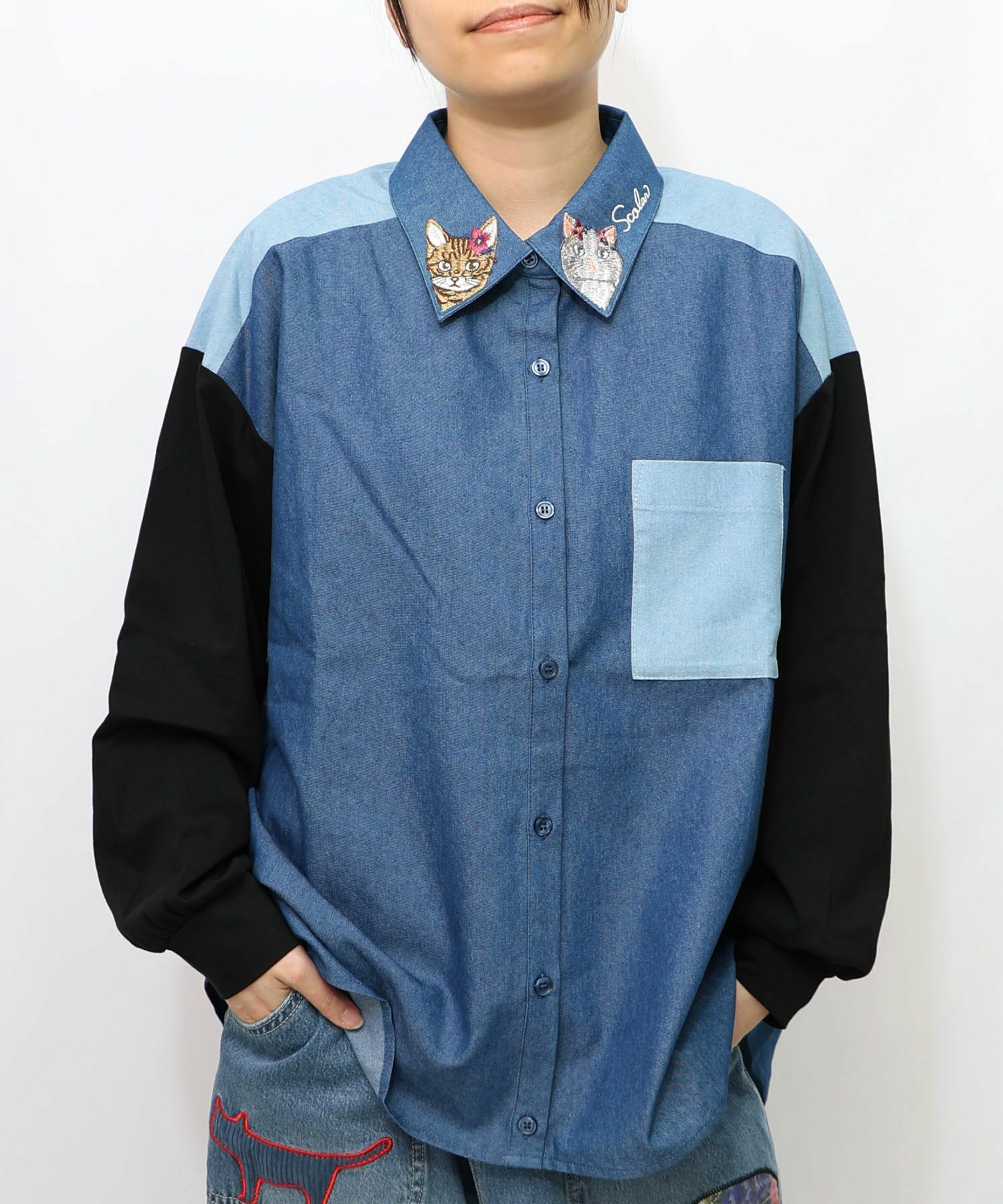 ネコ刺繍襟シャンブレーシャツ-16