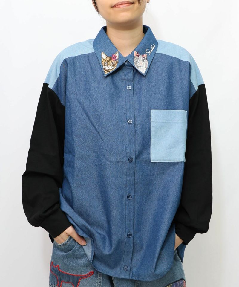ネコ刺繍襟シャンブレーシャツ-16