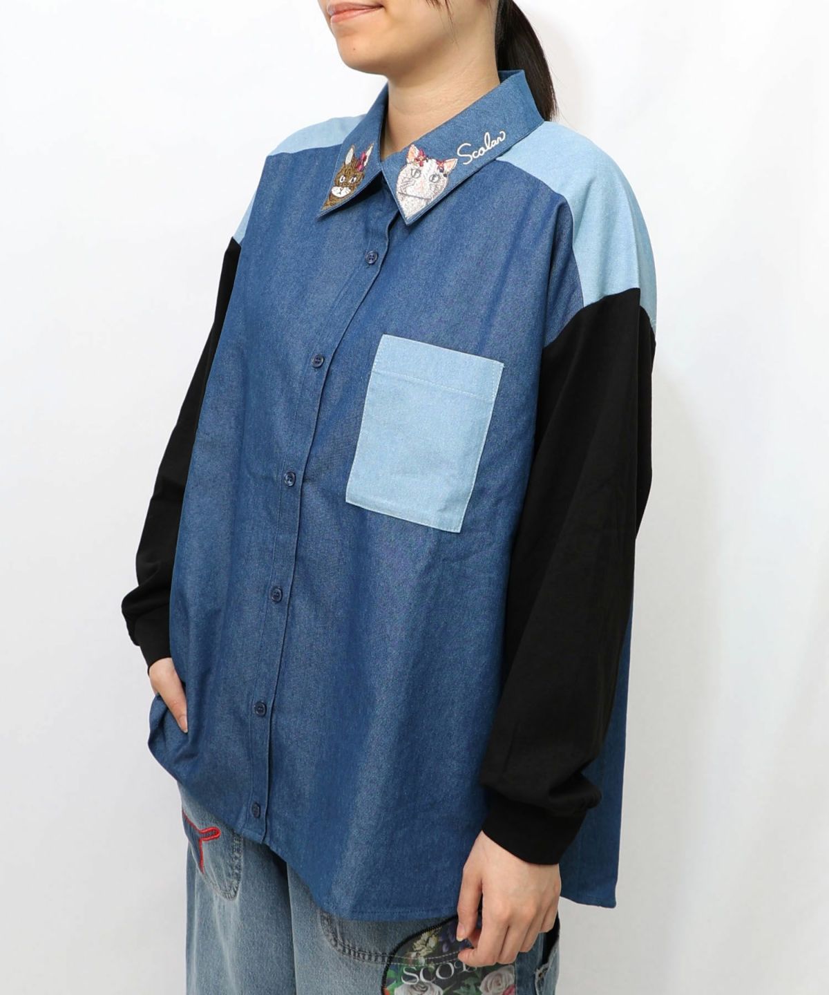 ネコ刺繍襟シャンブレーシャツ-17