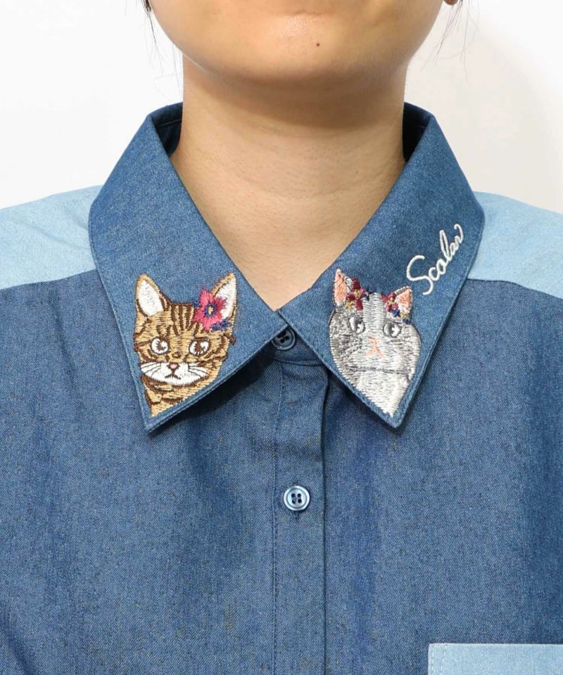 スカラー ScoLar シャンブレーorツイル ネコ 蝶 シャツ 新品 未使用 スカラー / 蝶ネコ総柄チュニックシャツ | BRAND,ScoLar