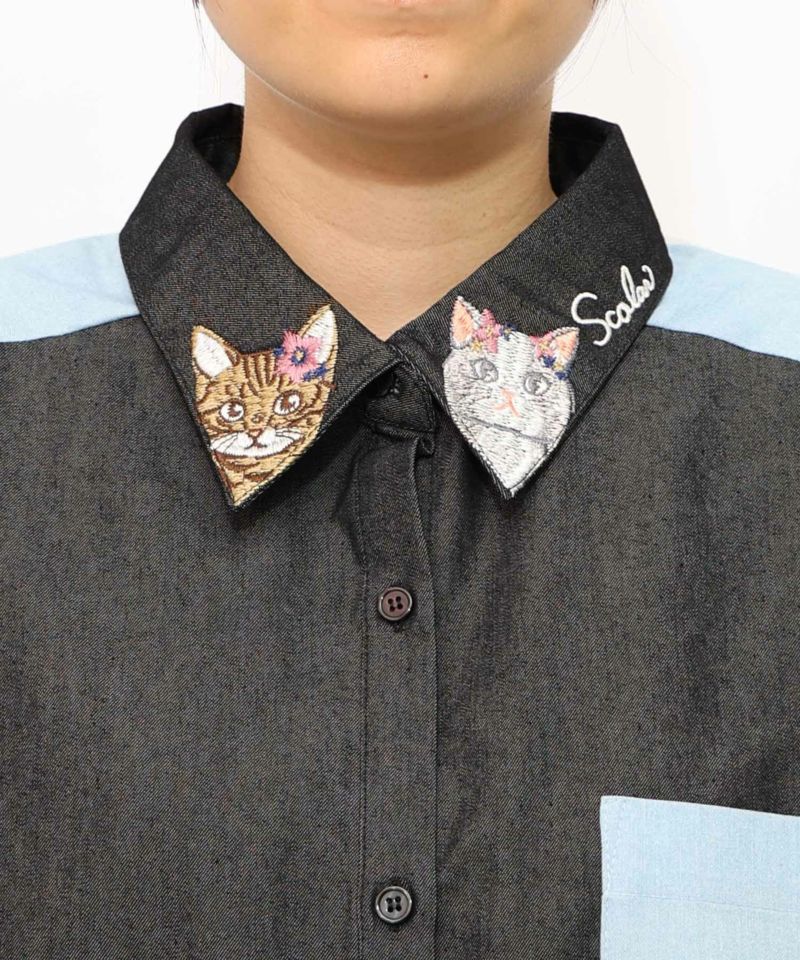 ネコ刺繍襟シャンブレーシャツ-20