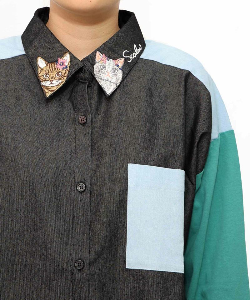 ネコ刺繍襟シャンブレーシャツ-21