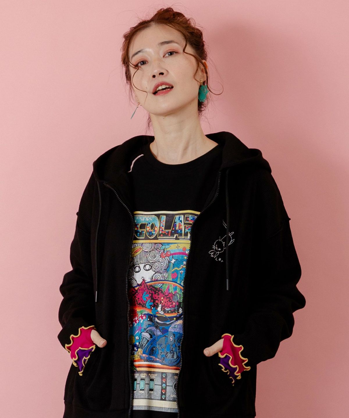 にゃんこスカラー 袖配色パーカー-3