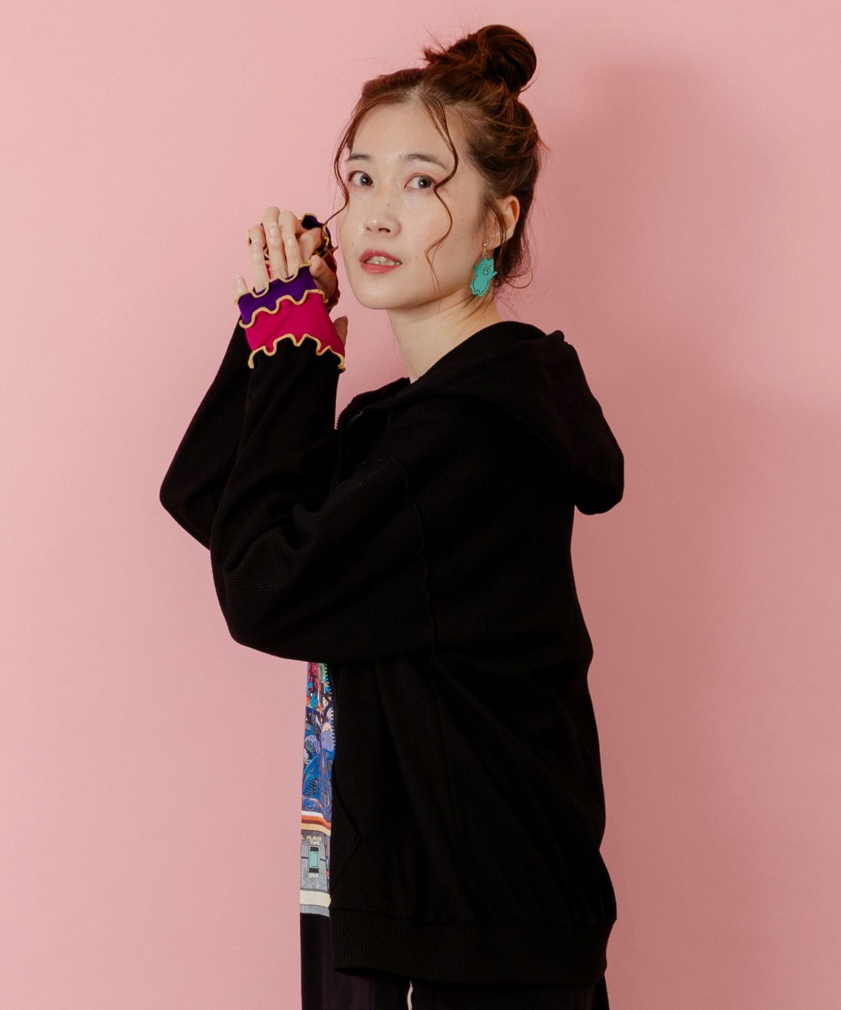 にゃんこスカラー 袖配色パーカー-4