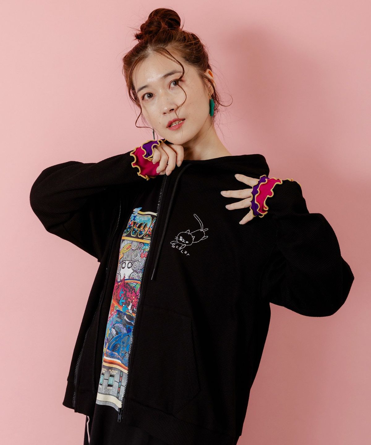 にゃんこスカラー 袖配色パーカー-8