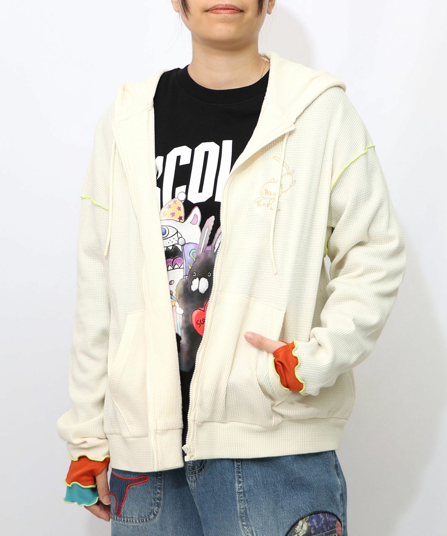 にゃんこスカラー 袖配色パーカー-10