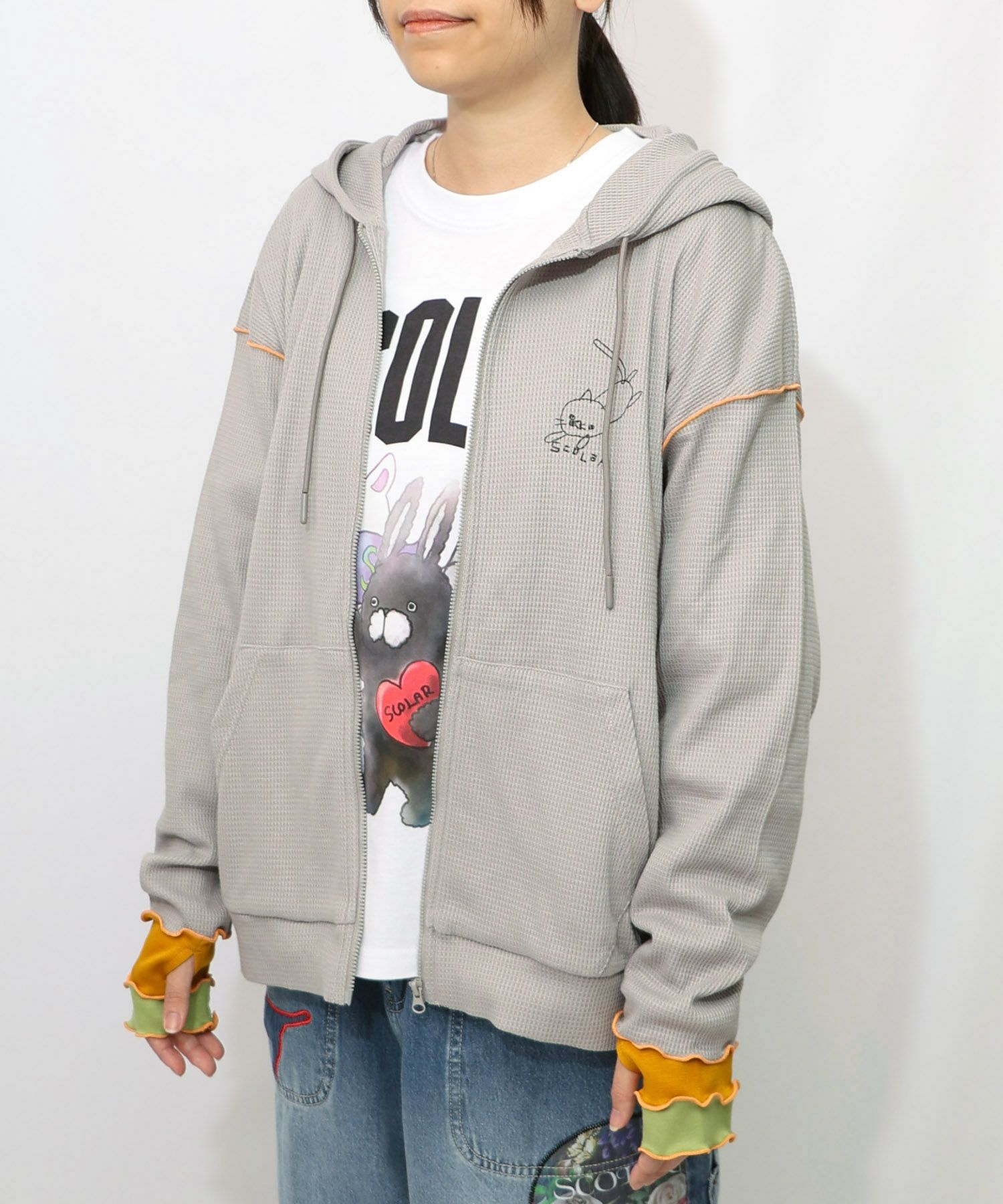 にゃんこスカラー 袖配色パーカー-15