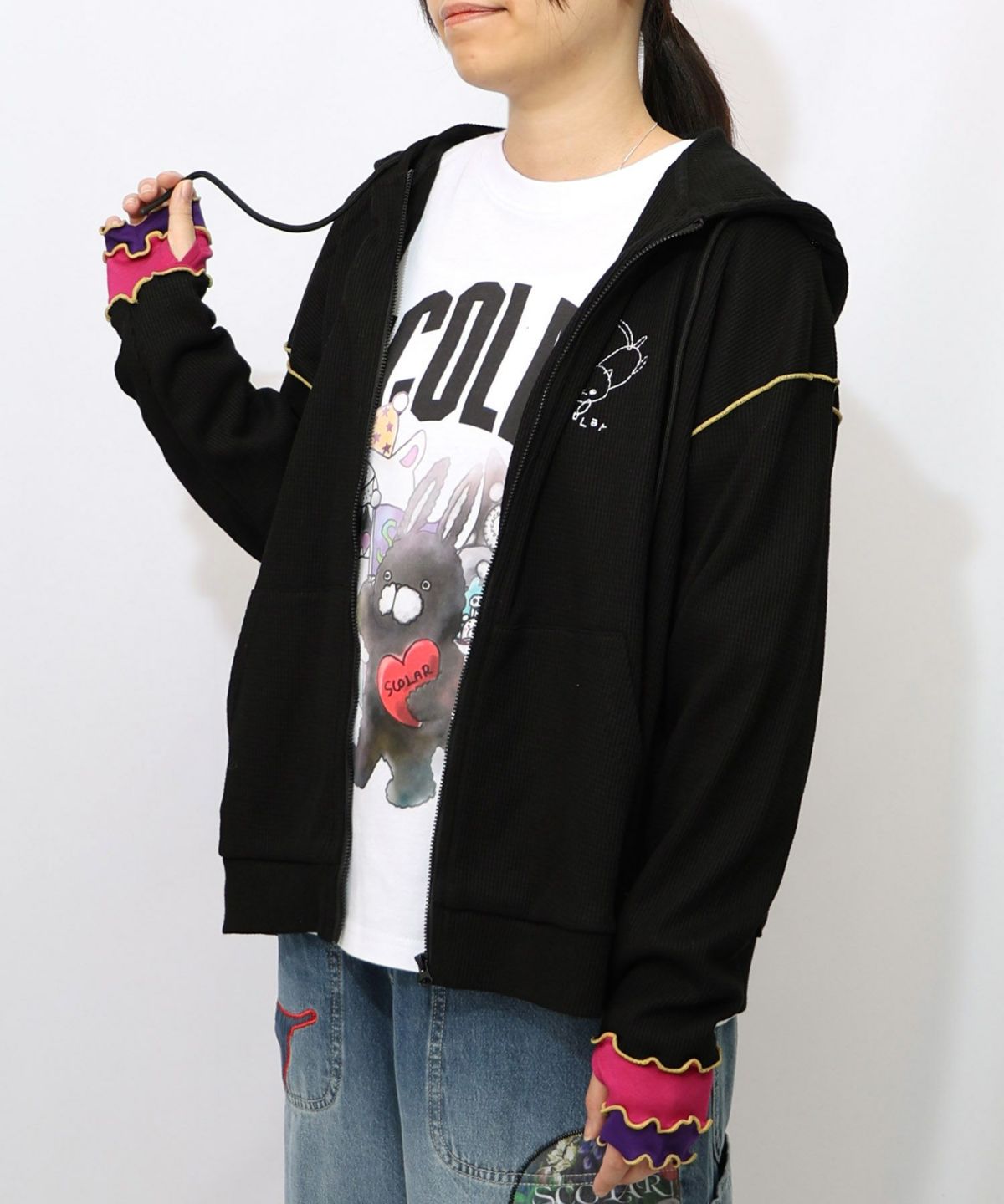 にゃんこスカラー 袖配色パーカー-19