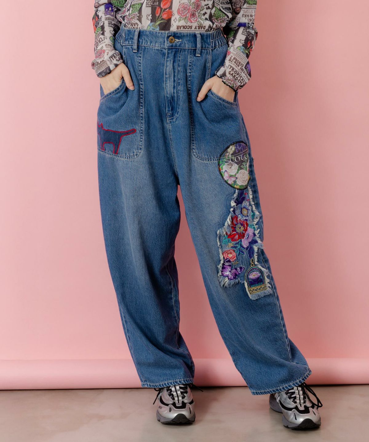 刺繍デニムアップリケ プレミアムパンツ-1