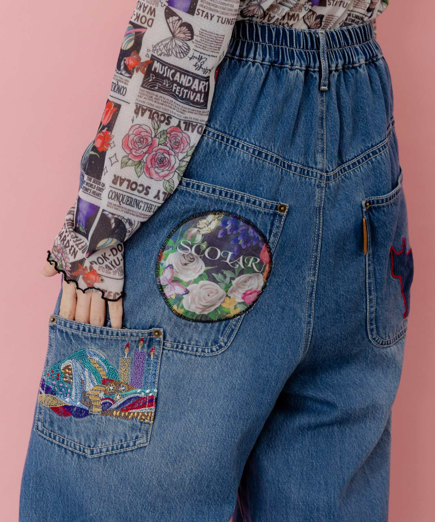 刺繍デニムアップリケ プレミアムパンツ-5