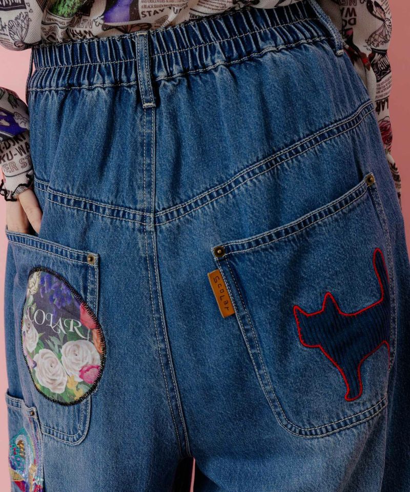 スカラー　scolar 153602：刺繍デニムアップリケ プレミアムパンツ 153602：刺繍デニムアップリケ プレミアムパンツの通販-ScoLar