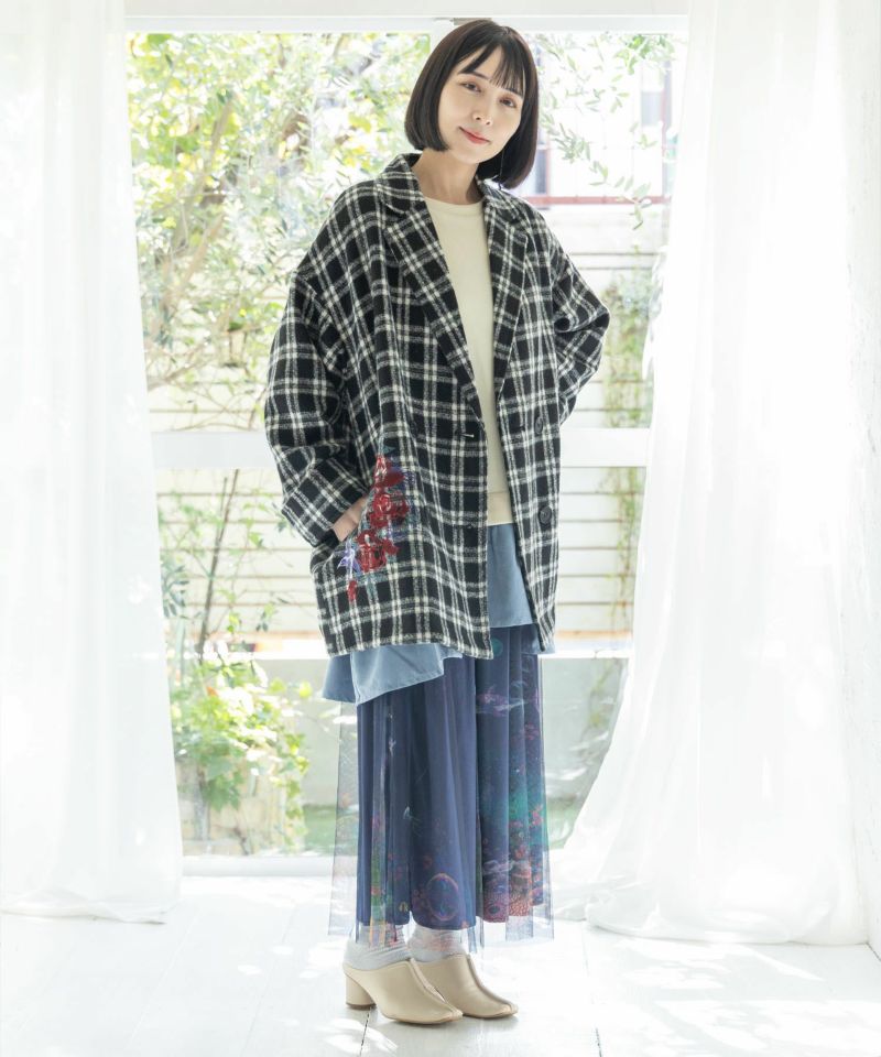 チェック柄orメルトン風 花蝶刺繍ビッグシルエットコート-2