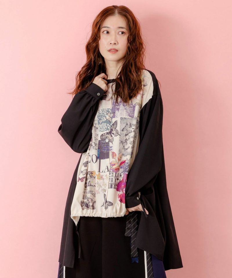 蝶花コラージュ柄　前開きチュニック-1