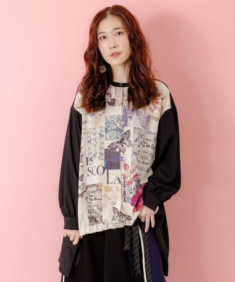 蝶花コラージュ柄　前開きチュニック-3