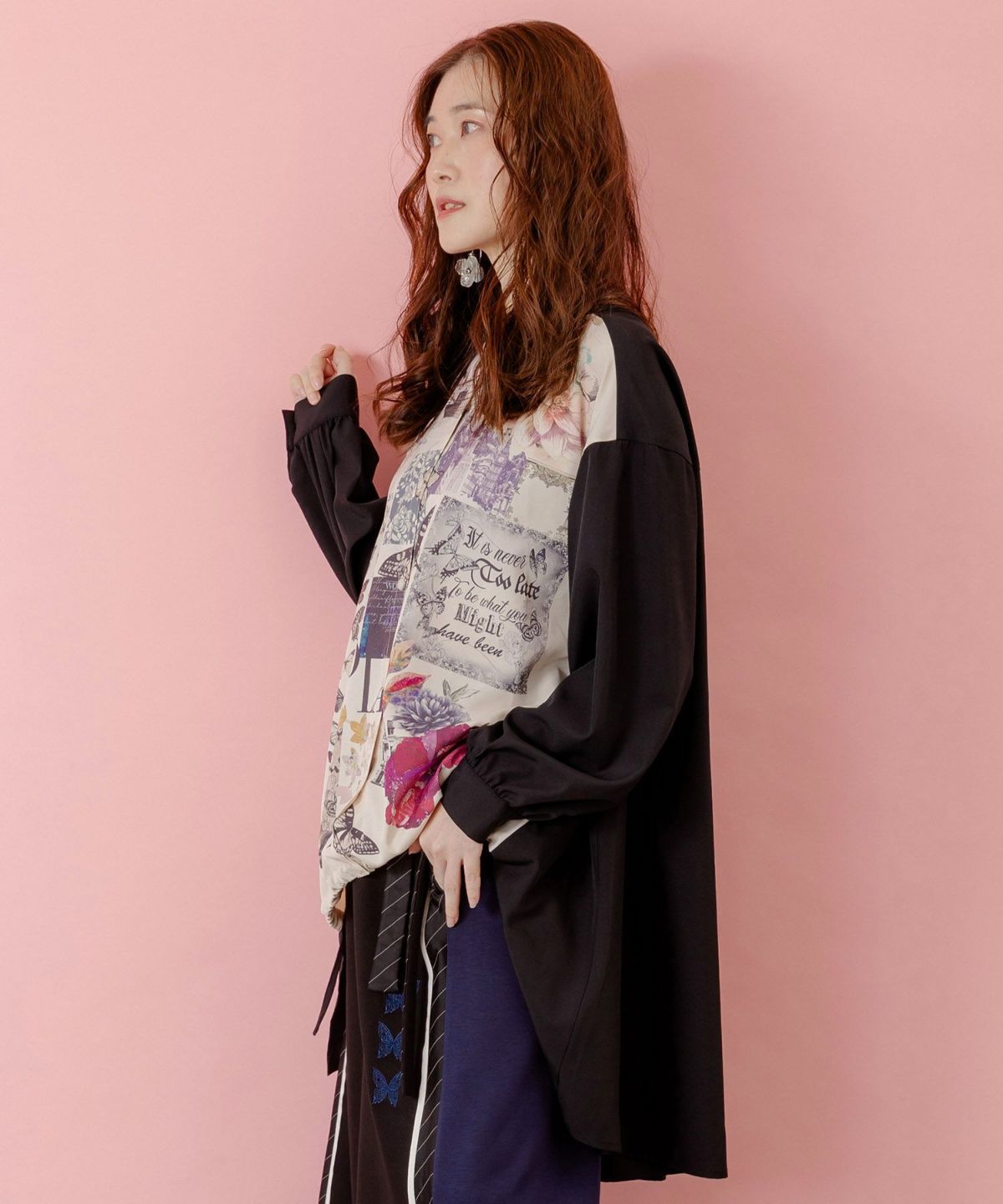 蝶花コラージュ柄　前開きチュニック-4