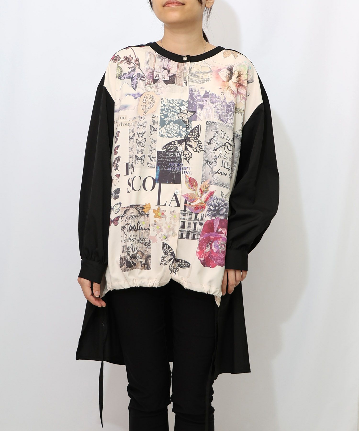 蝶花コラージュ柄　前開きチュニック-7