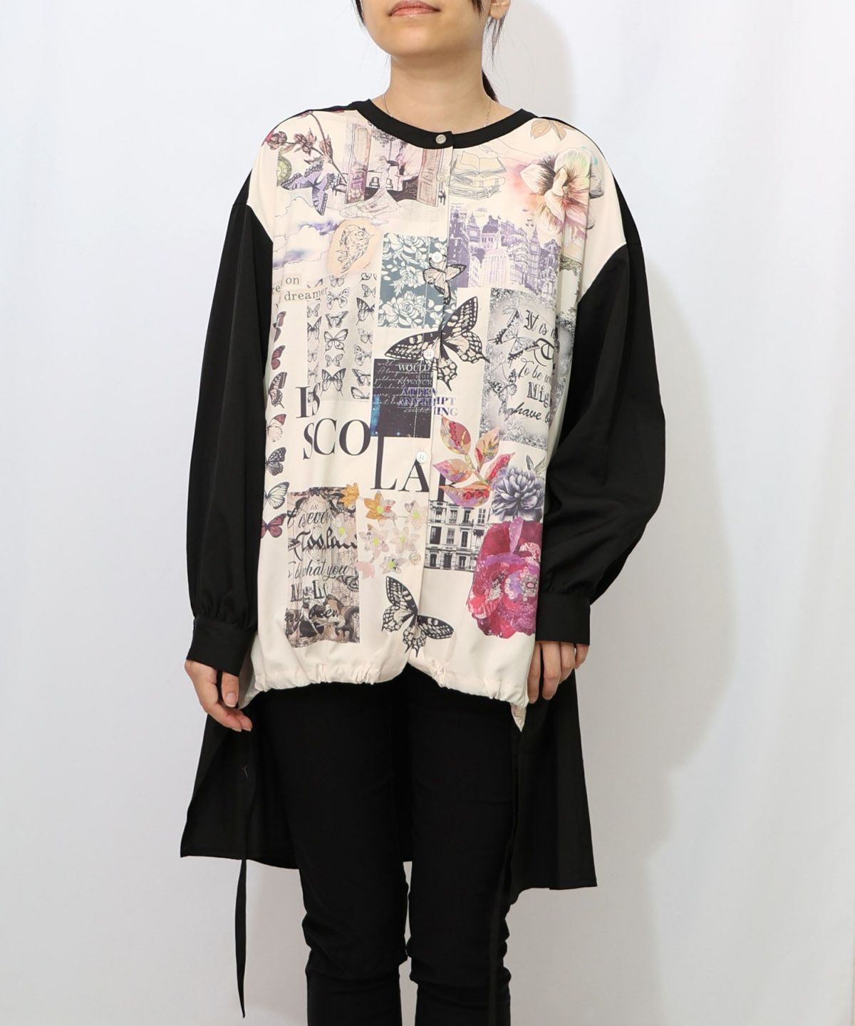蝶花コラージュ柄　前開きチュニック-7