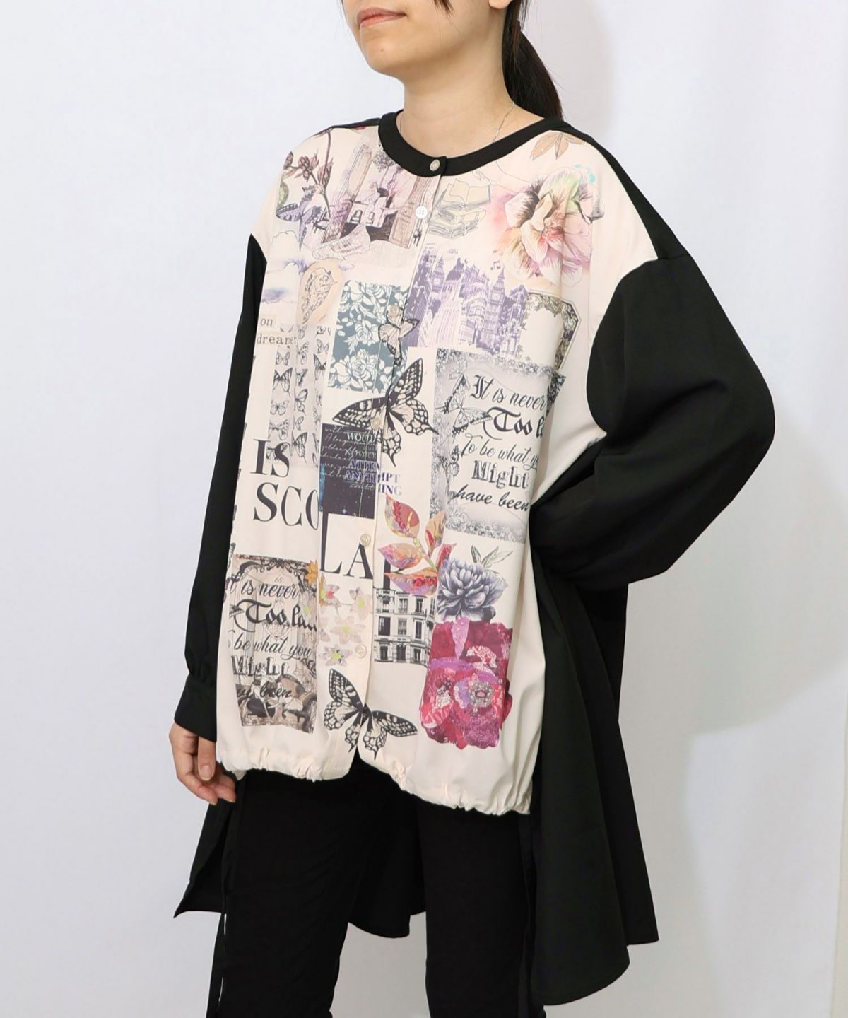 蝶花コラージュ柄　前開きチュニック-8