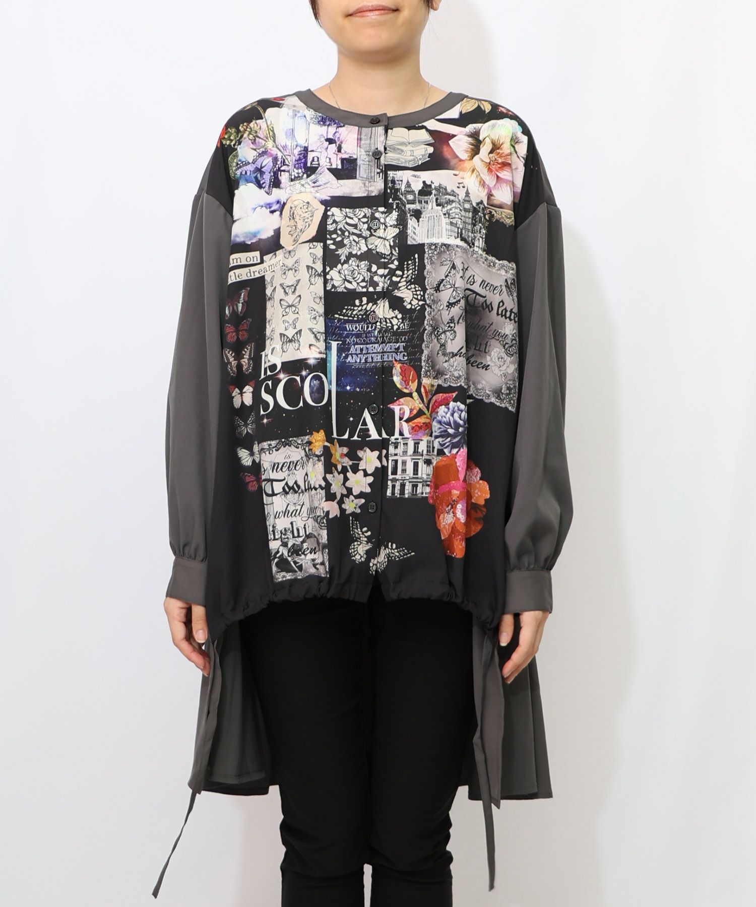 蝶花コラージュ柄　前開きチュニック-11