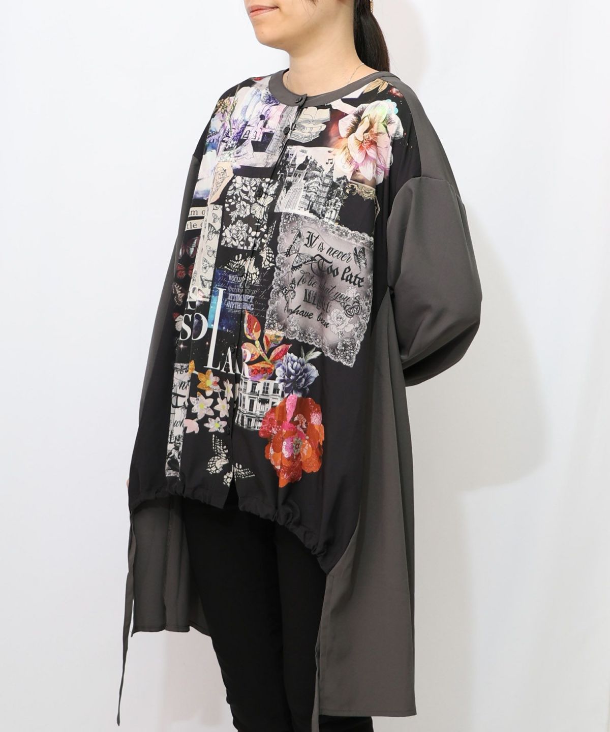 蝶花コラージュ柄　前開きチュニック-12