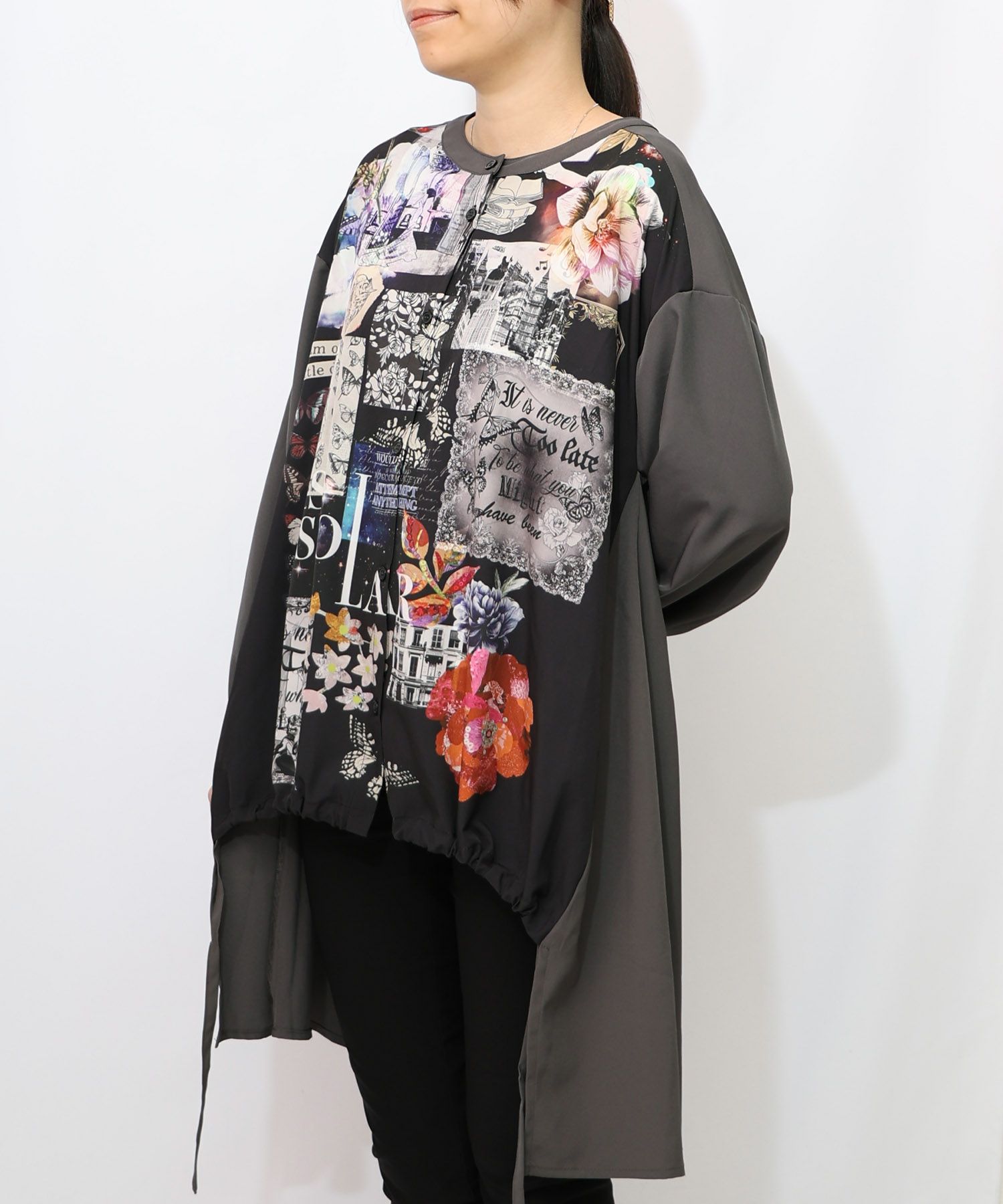 蝶花コラージュ柄　前開きチュニック-12