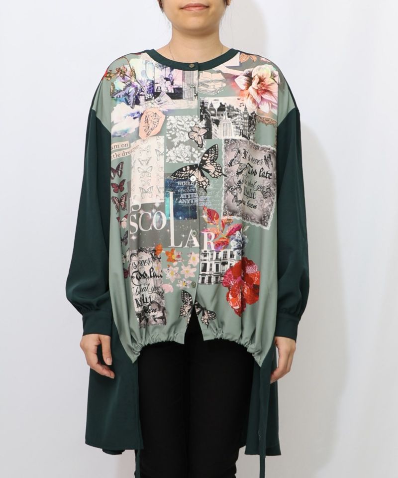 蝶花コラージュ柄　前開きチュニック-15