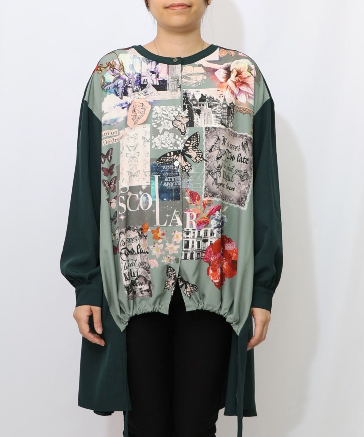 蝶花コラージュ柄　前開きチュニック-15