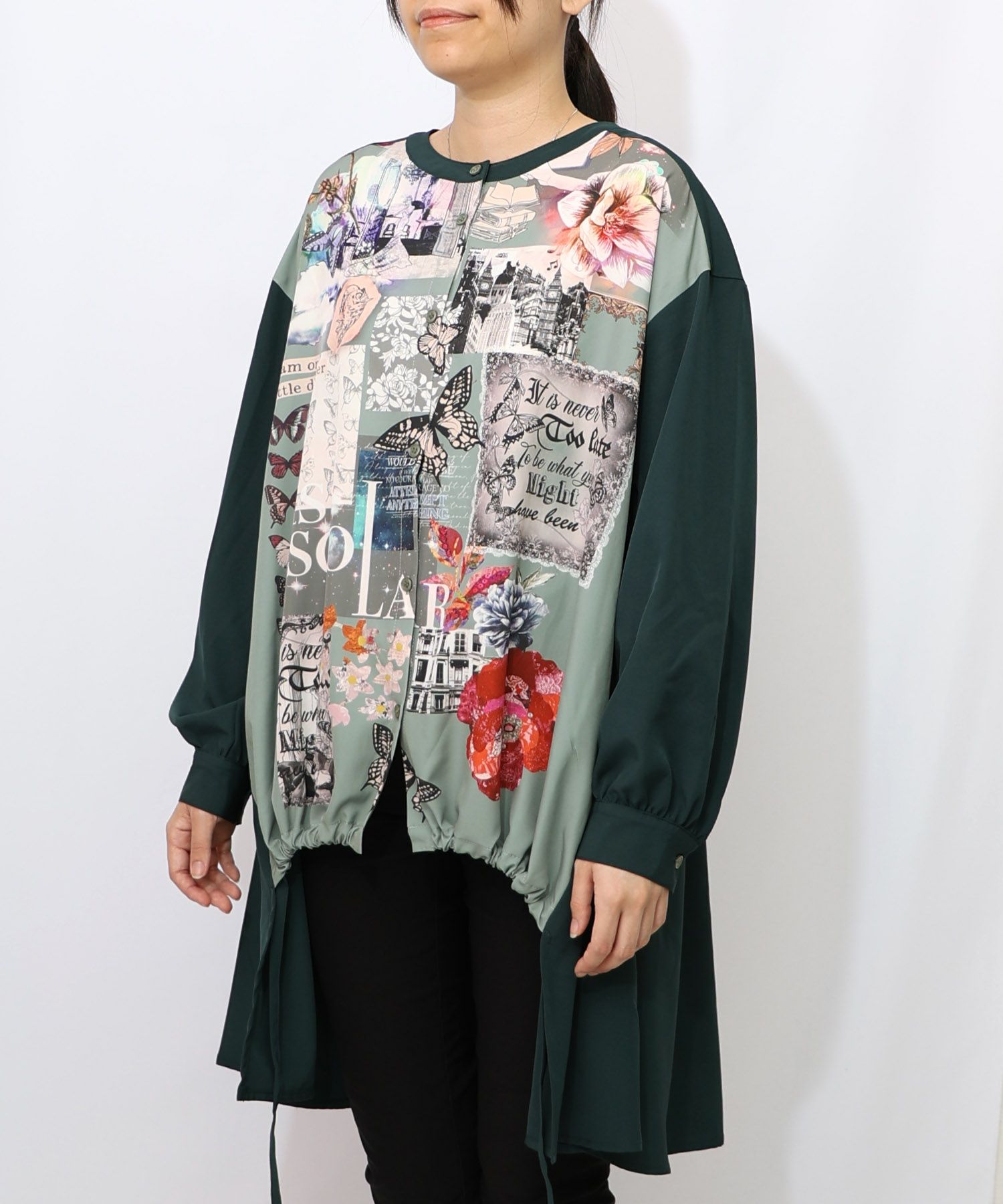 蝶花コラージュ柄　前開きチュニック-16