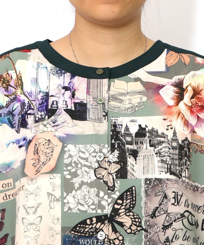 蝶花コラージュ柄　前開きチュニック-19