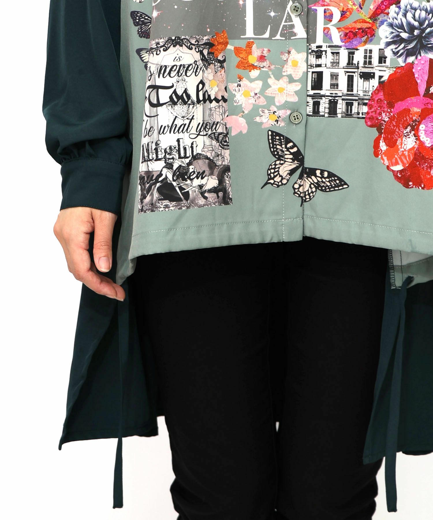 蝶花コラージュ柄　前開きチュニック-21