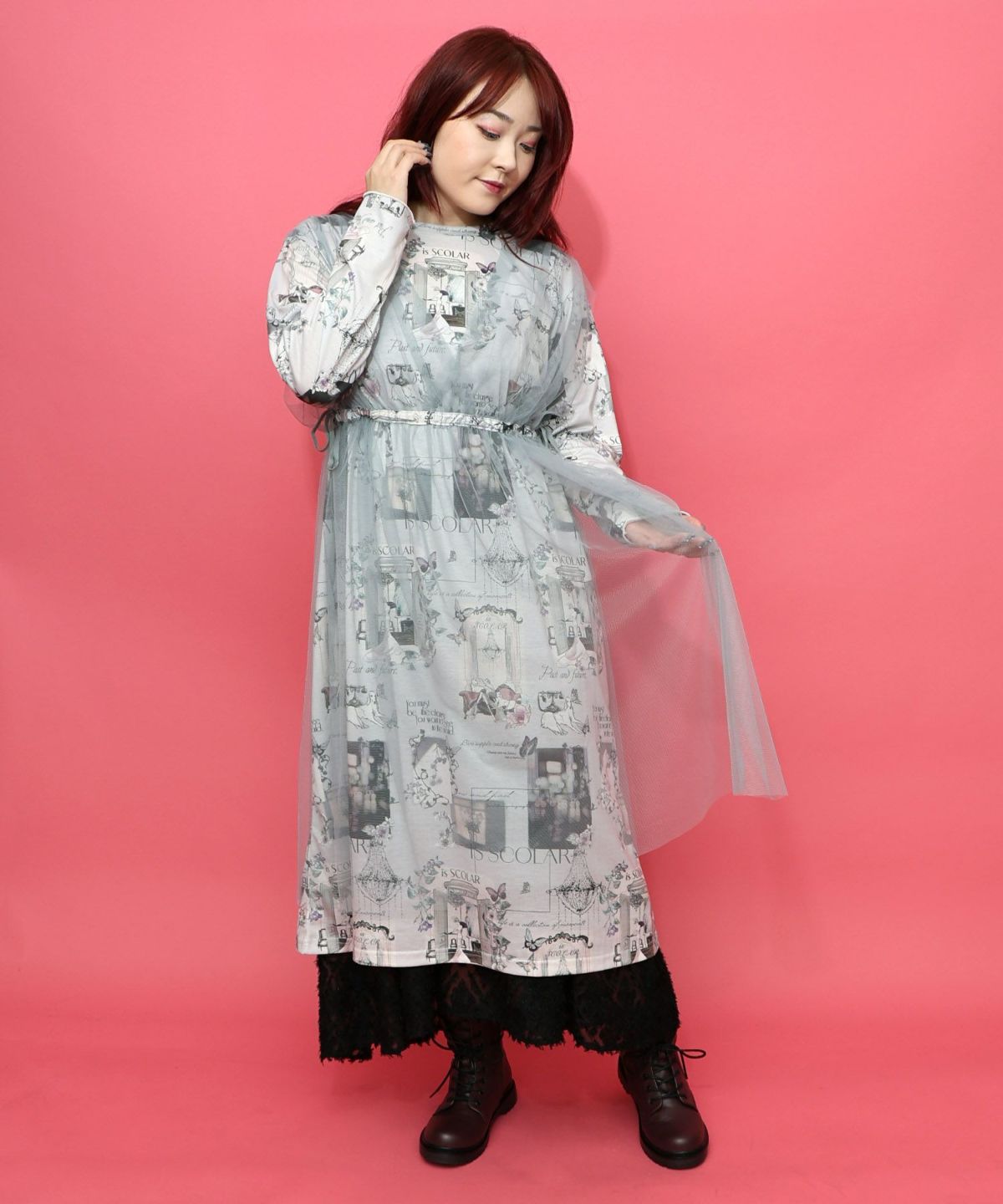 現在と過去イメージプリント チュール重ねワンピース-1