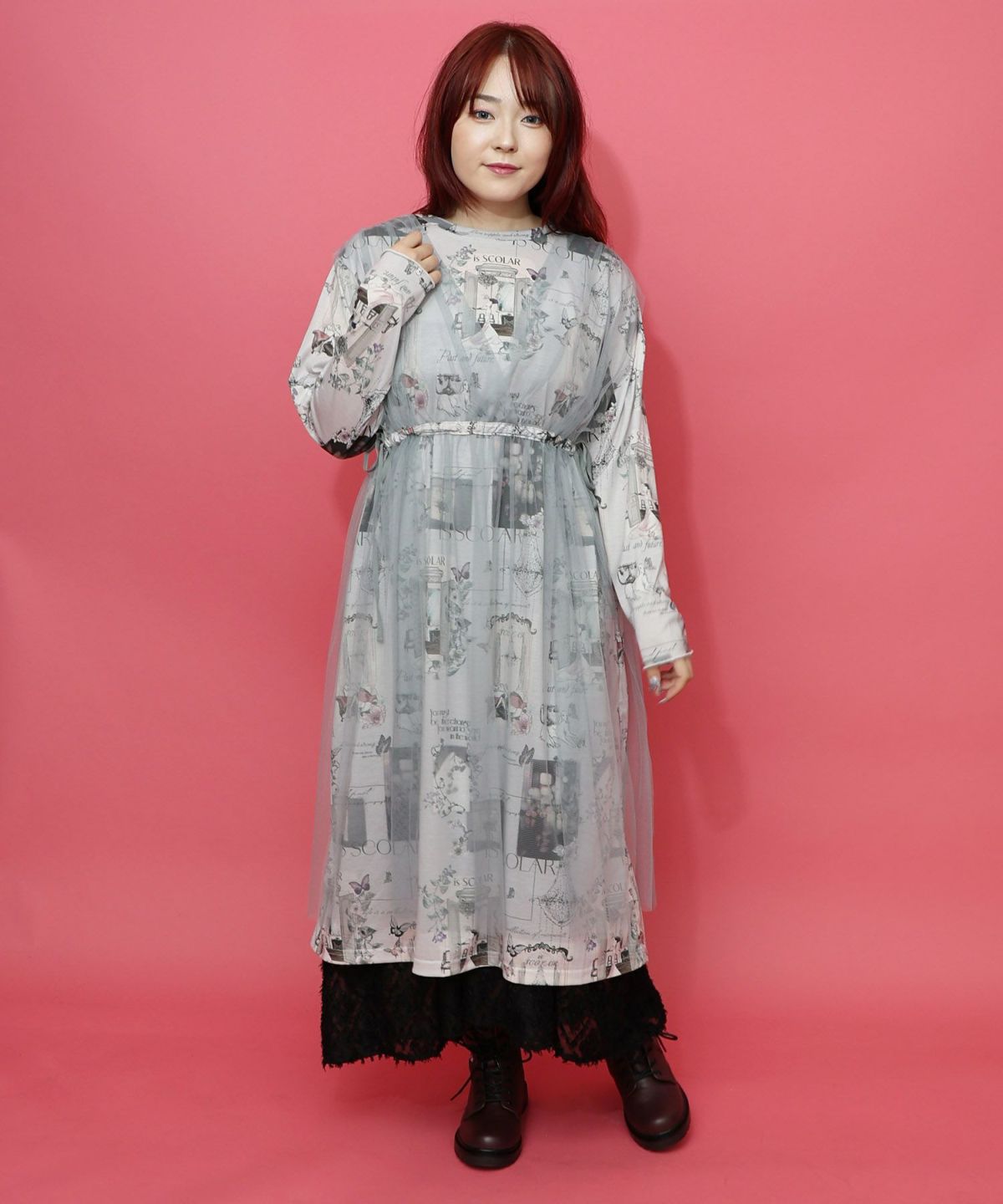 現在と過去イメージプリント チュール重ねワンピース-3