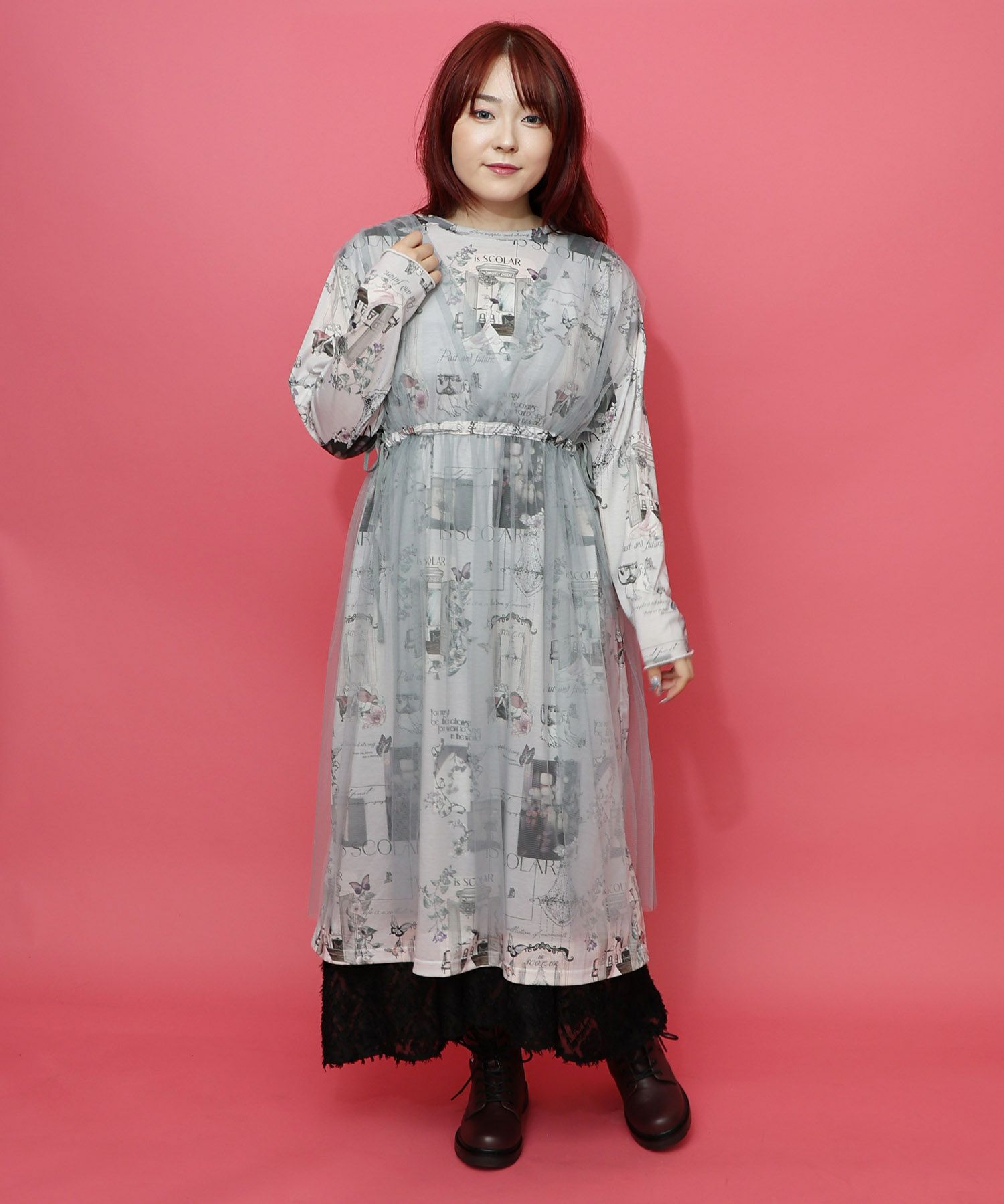 現在と過去イメージプリント チュール重ねワンピース-3