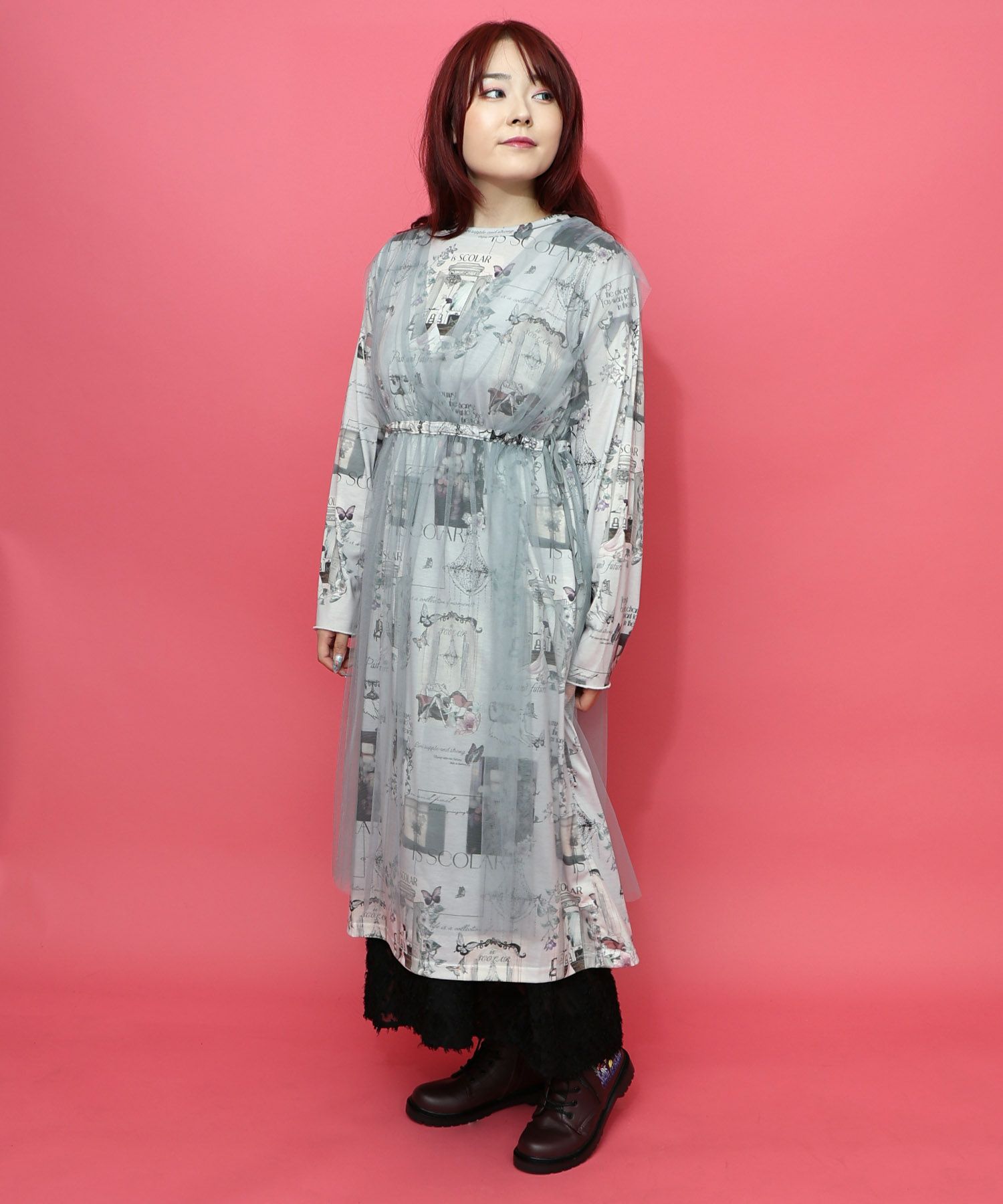 現在と過去イメージプリント チュール重ねワンピース-4