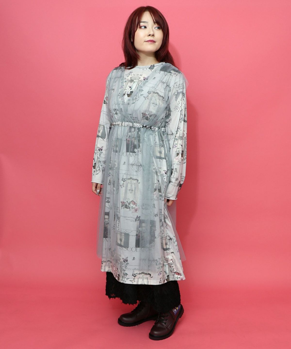現在と過去イメージプリント チュール重ねワンピース-4