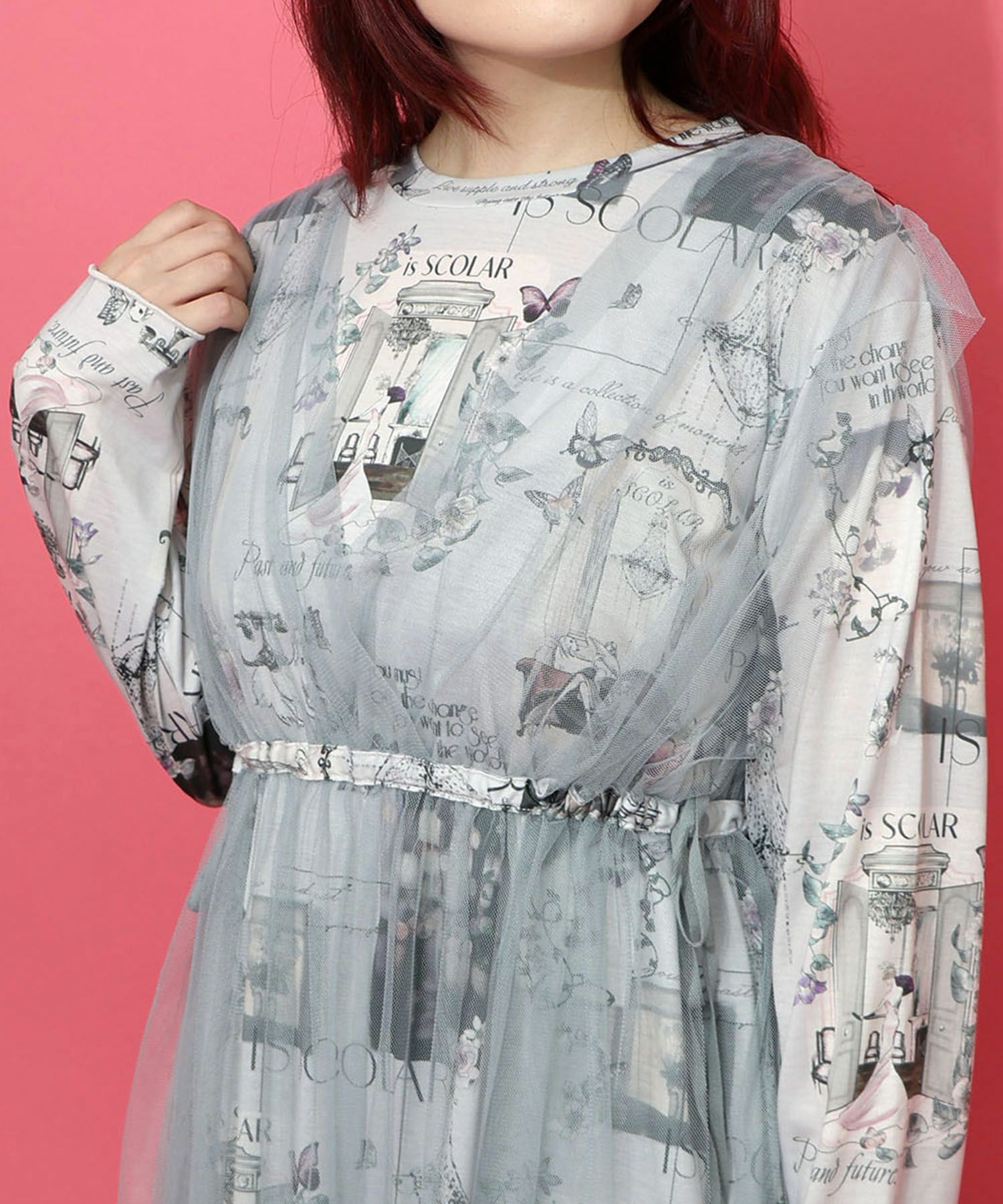 現在と過去イメージプリント チュール重ねワンピース-6
