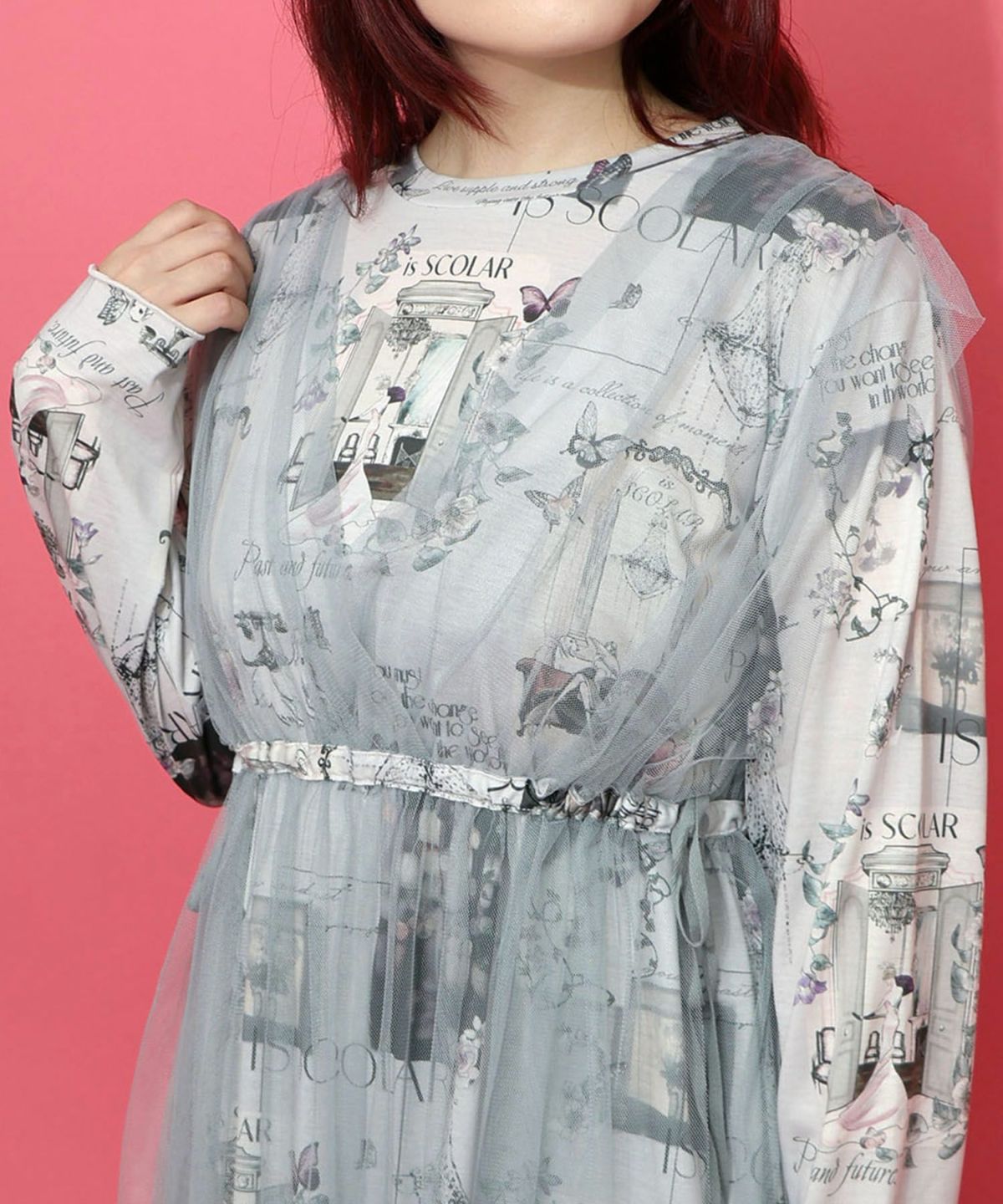 現在と過去イメージプリント チュール重ねワンピース-6