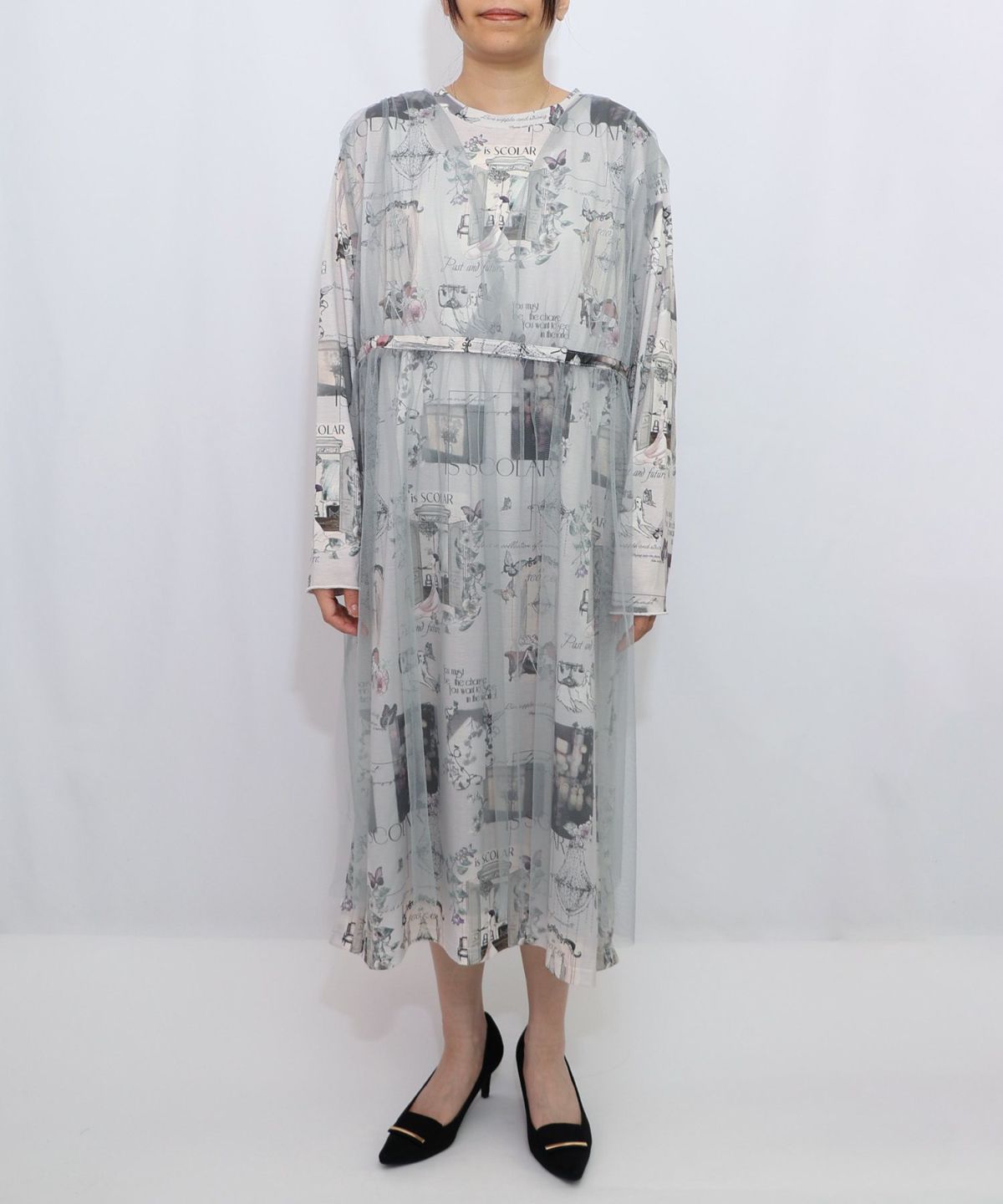 現在と過去イメージプリント チュール重ねワンピース-7
