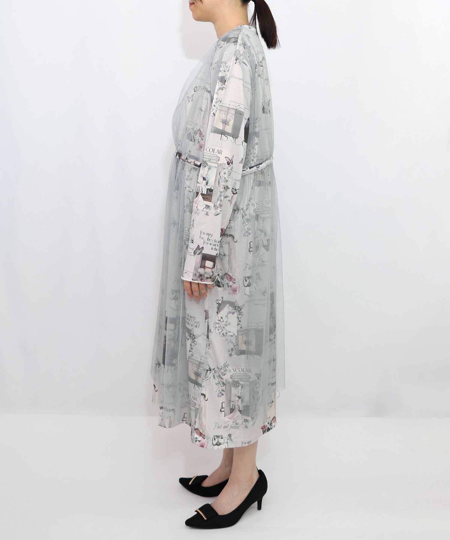 現在と過去イメージプリント チュール重ねワンピース-8