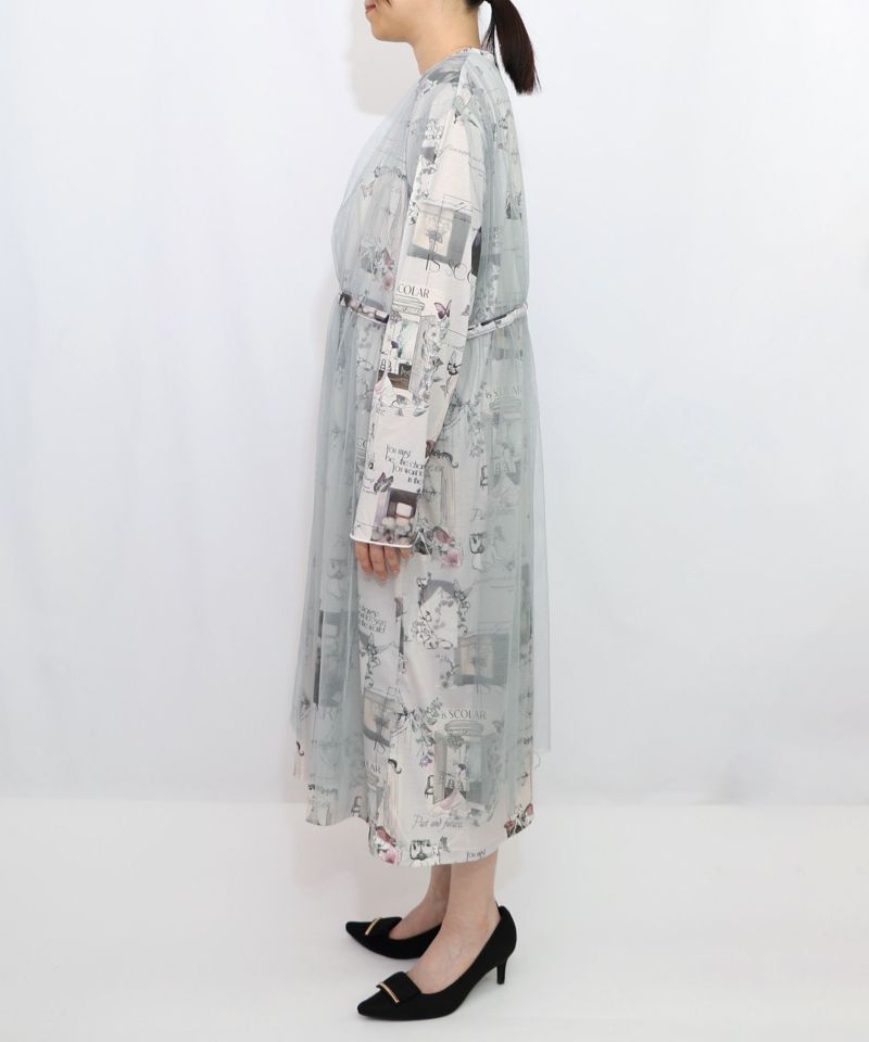 現在と過去イメージプリント チュール重ねワンピース-8